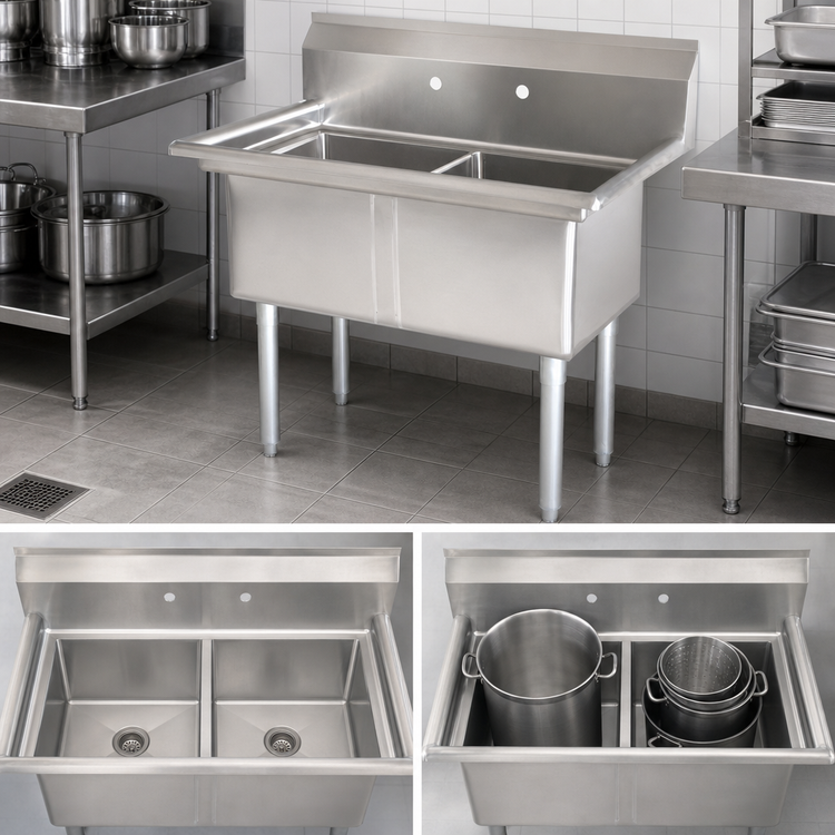 Product image #3 for Omcan 53-Inch Wide 2-Compartment Pot Sink with 24 x 24 x 14-Inch Bowls, 18-Gauge 304 Stainless Steel