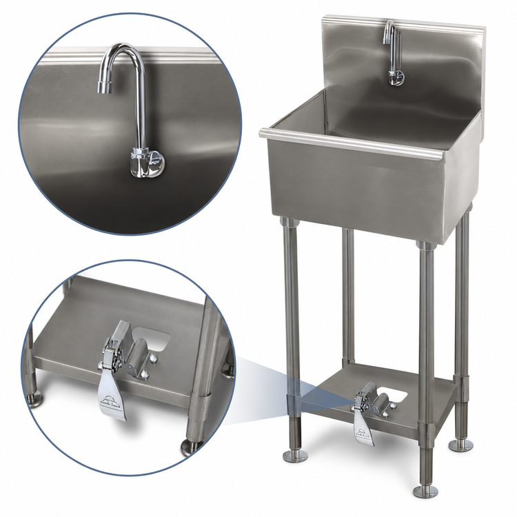 Product image #3 for Advance Tabco One-Station Floor-Mount Toe-Push Service Sink with Gooseneck Spout and 3-1/2-Inch Basket Drain, 18 Inch Wide