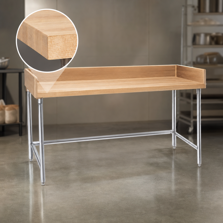 Product image #3 for Advance Tabco 84-Inch x 30-Inch Wood Top Bakers' Table with Stainless Steel Base and 4-Inch Rear and Side Splashes