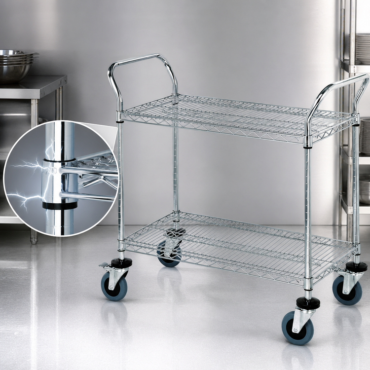 Product image #3 for Quantum Conductive Utility Bus Cart with 2 Wire Shelves, 1200 lb Capacity, Chrome Plated, 36 x 18 x 37.5 Inches
