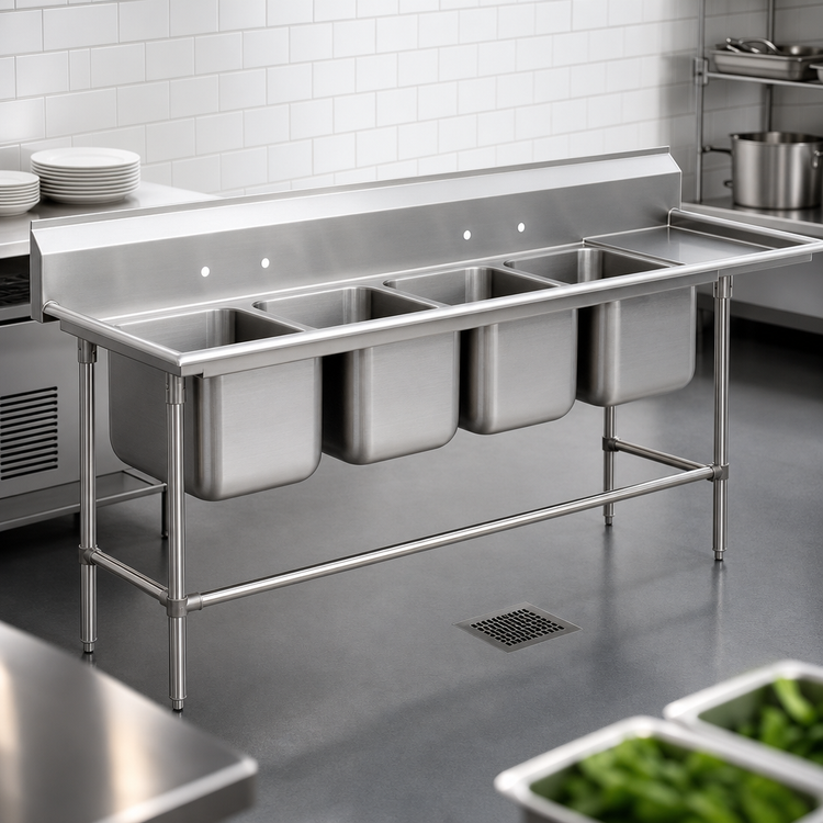 Product image #3 for Advance Tabco Regaline 4-Compartment Commercial Sink with Right-Hand 36-Inch Drainboard, 16 x 20-Inch Bowls, 14-Gauge 304 Stainless Steel