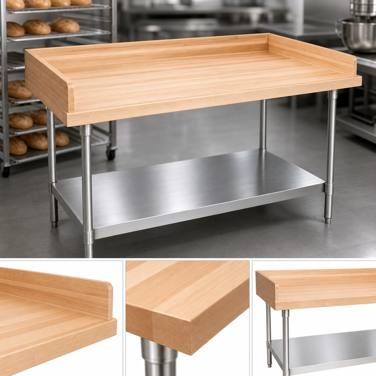 Product image #3 for BK Resources 96-Inch x 30-Inch Bakers Table with Hard Maple Top and Adjustable Stainless Steel Undershelf