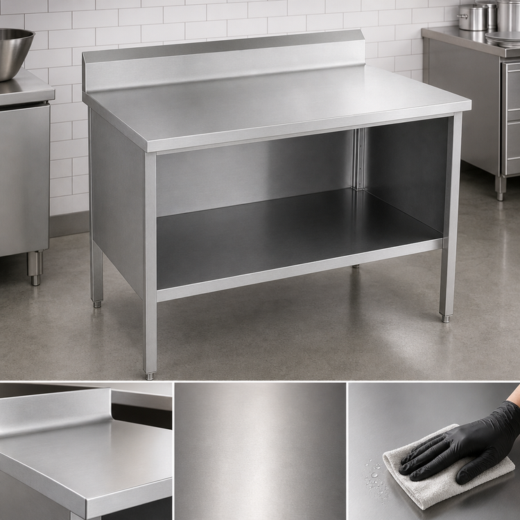 Product image #3 for John Boos 14-Gauge Open Front Enclosed Base Stainless Steel Work Table with 5-Inch Backsplash, 132 x 24 Inches