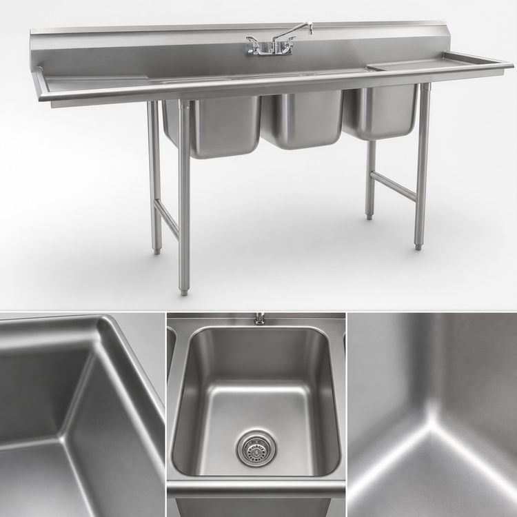 Product image #3 for Eagle 414 Series Three-Compartment Coved-Corner Sink - 126 Inches Wide with Dual 24-Inch Drainboards