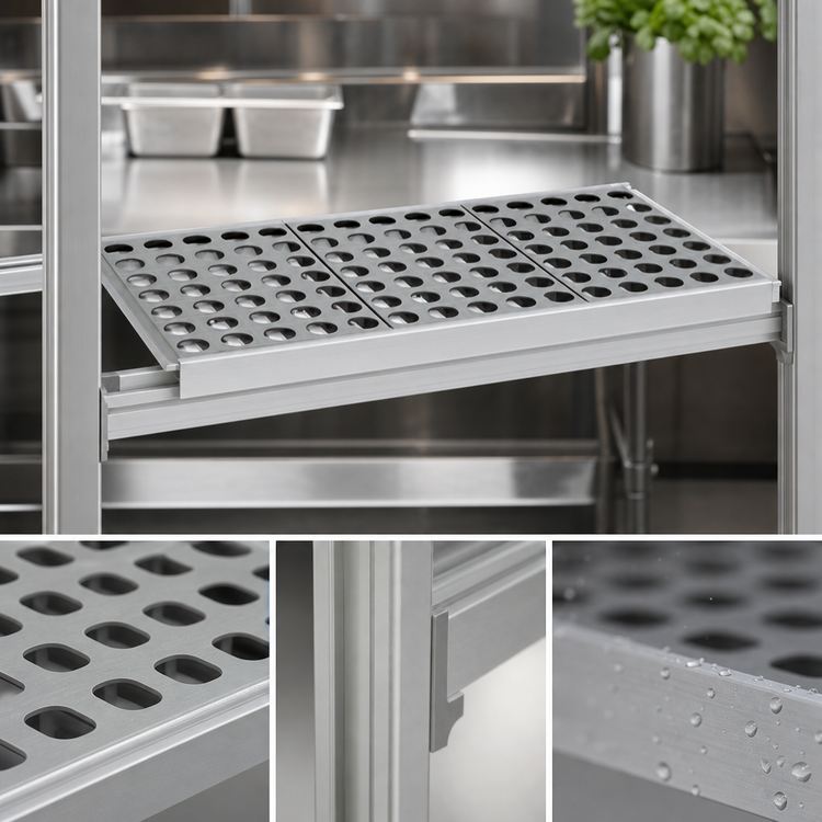 Product image #3 for Fermod Fermostock 6611/R1 Horizontal Vented Shelf Panel — 52" W x 22" D, Anodized Aluminum with Removable Dishwasher-Safe Polymer Inserts