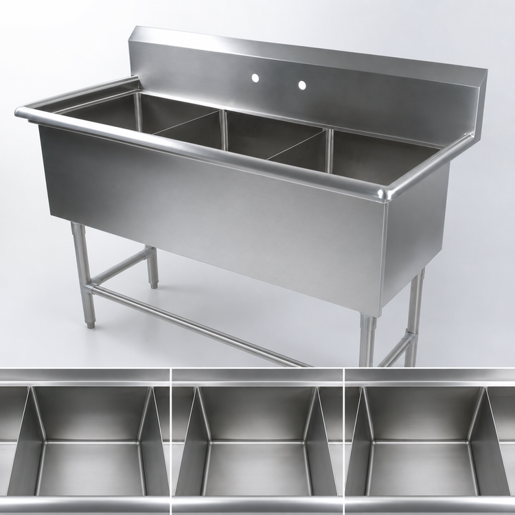 Product image #3 for John Boos Pro-Bowl 3-Compartment Stainless Steel Sink with 10 Inch Backsplash, 59-1/8 Inch x 29-1/2 Inch x 44-1/16 Inch, 18 x 24 Inch Bowls