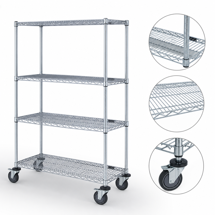 Product image #3 for Quantum Mobile Wire Shelving Cart with 4 Shelves, 48 x 24 x 69 Inches, Chrome Plated
