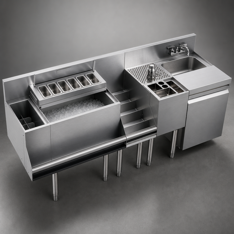 Product image #3 for Krowne Royal Series 74-Inch Stainless Steel Underbar Workstation with Elixir Well, Ice Bin, Liquor, Tool Caddy, and Dump Sink