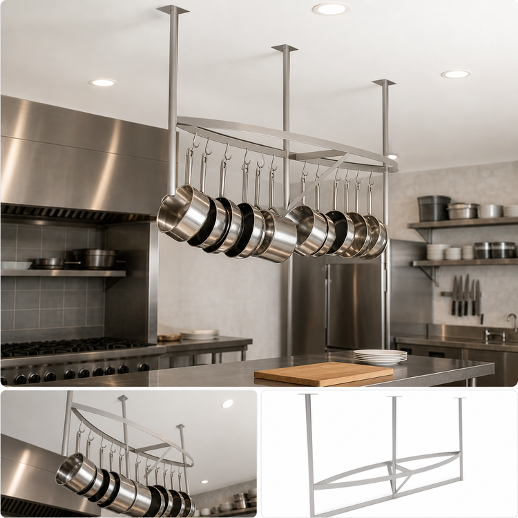 Product image #3 for John Boos Boat-Shaped Ceiling-Mounted Stainless Steel Pot Rack with 27 Double Hooks