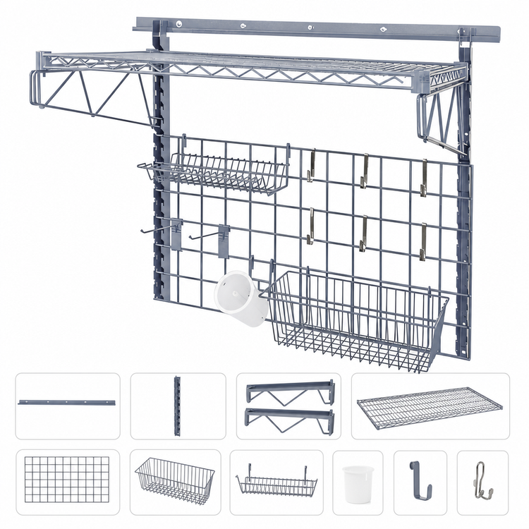 Product image #3 for Quantum SGK-401836-2GY Medium-Duty Wall-Mounted Storage Grid Starter Kit with Shelf, Basket, and Holders