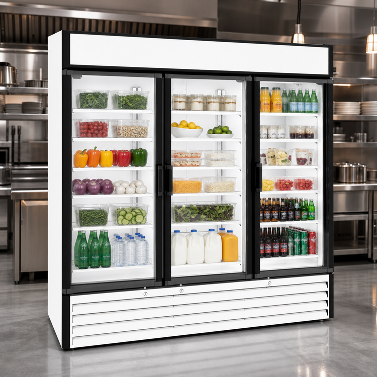 Product image #3 for Hoshizaki RM-65-HC-WHT Three-Section Reach-In Glass Door Refrigerated Merchandiser, 56.04 Cu. Ft., White