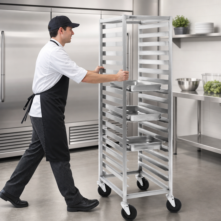 Product image #3 for Panco Mobile Full-Height Open-Side Stainless Steel Utility Rack for 12 x 20 Pans, 18-Pan Capacity