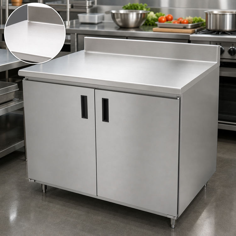 Product image #3 for Advance Tabco Special Value Series Economy Enclosed Work Table with Cabinet Base, Mid-Shelf and Hinged Doors, 36 x 24 Inch, 16 Gauge 304 Stainless Steel Top, 5 Inch Backsplash