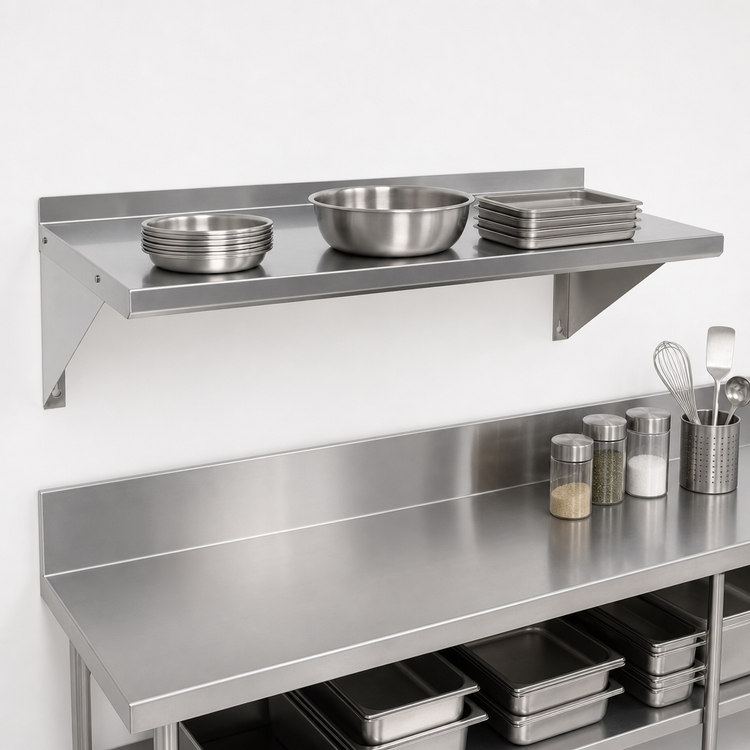 Product image #3 for BK Resources T-430 Economy Wall-Mounted Stainless Steel Shelf, 72 x 16 Inches, 18-Gauge