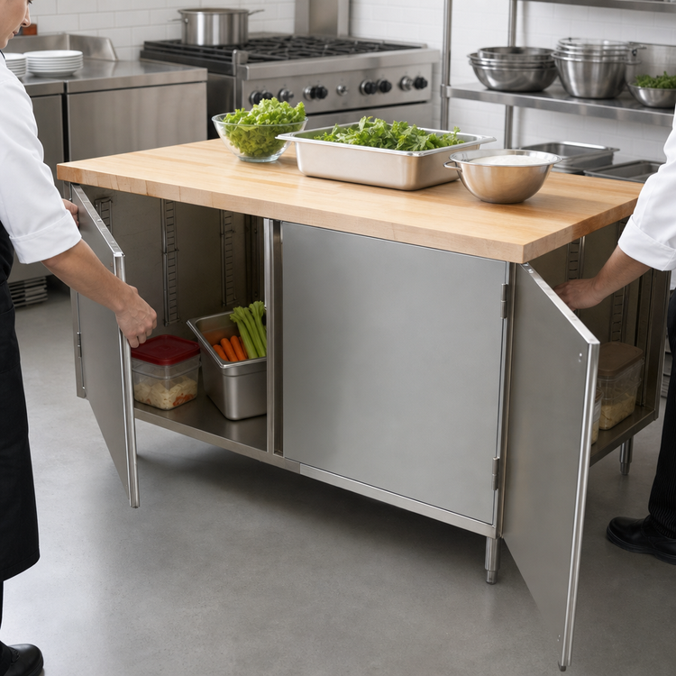Product image #3 for BK Resources Dual-Access Chef Table with Hard Maple Top and Locking Hinged Doors