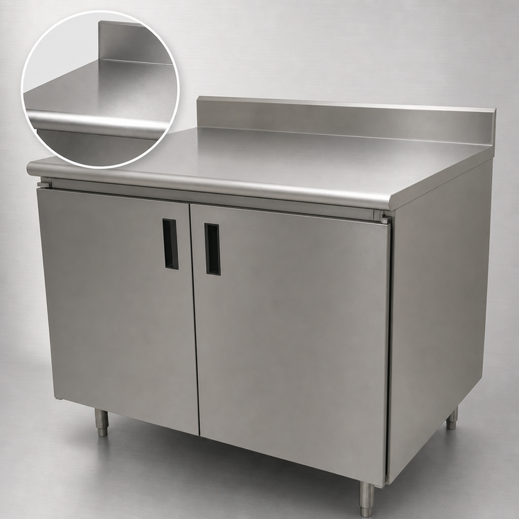 Product image #3 for Advance Tabco Enclosed Work Table with Cabinet Base and Hinged Doors, 96 in. x 24 in., 14-Gauge 304 Stainless Steel Top, 5-Inch Backsplash