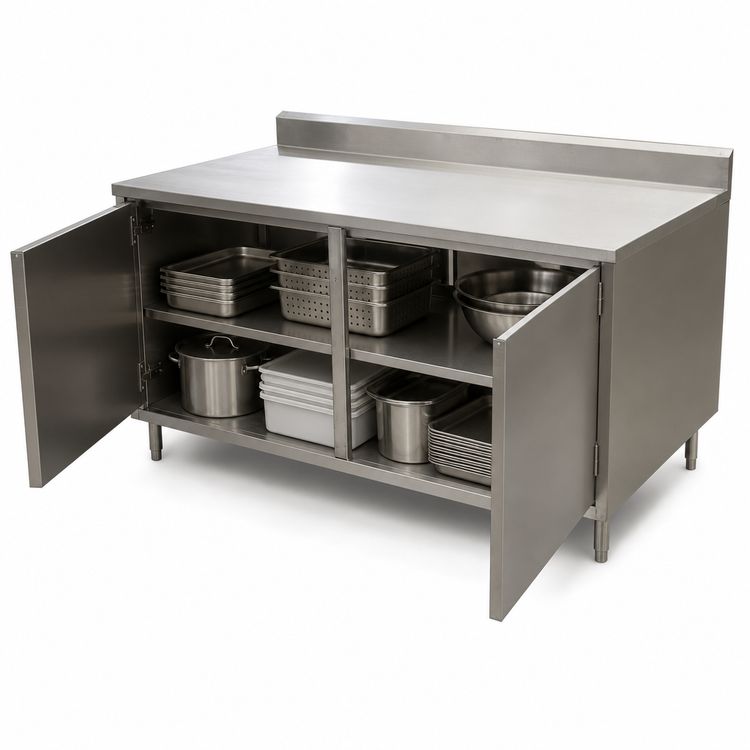 Product image #3 for BK Resources Stainless Steel Cabinet Base Work Table with Hinged Doors and 5-Inch Back Riser, 72 x 24 Inches