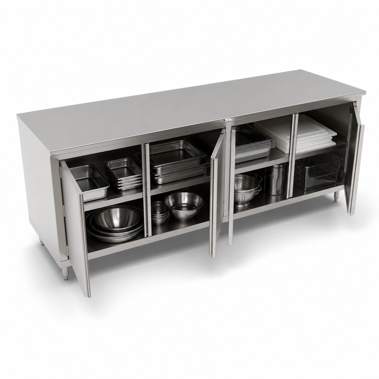 Product image #3 for John Boos 120" x 30" Stainless Steel Flat Top Enclosed Work Table with Cabinet Base and Hinged Doors