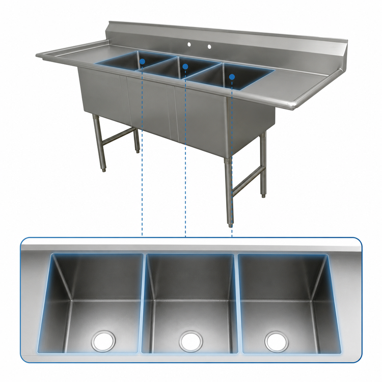 Product image #3 for Advance Tabco FC-3-3024-30RL 3-Compartment Fabricated Sink with Dual 30-Inch Drainboards