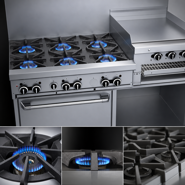 Product image #3 for Garland GFE60-6R24RS Starfire Pro 60" Gas Restaurant Range with 6 Open Burners, 24" Raised Griddle/Broiler, Standard Oven, and Storage Base