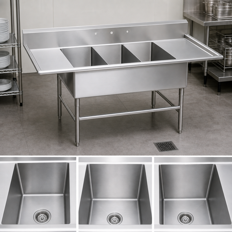 Product image #3 for Advance Tabco Regaline K7-3-3030-24RL Super Size 3-Compartment Sink with Left & Right-Hand Drainboards