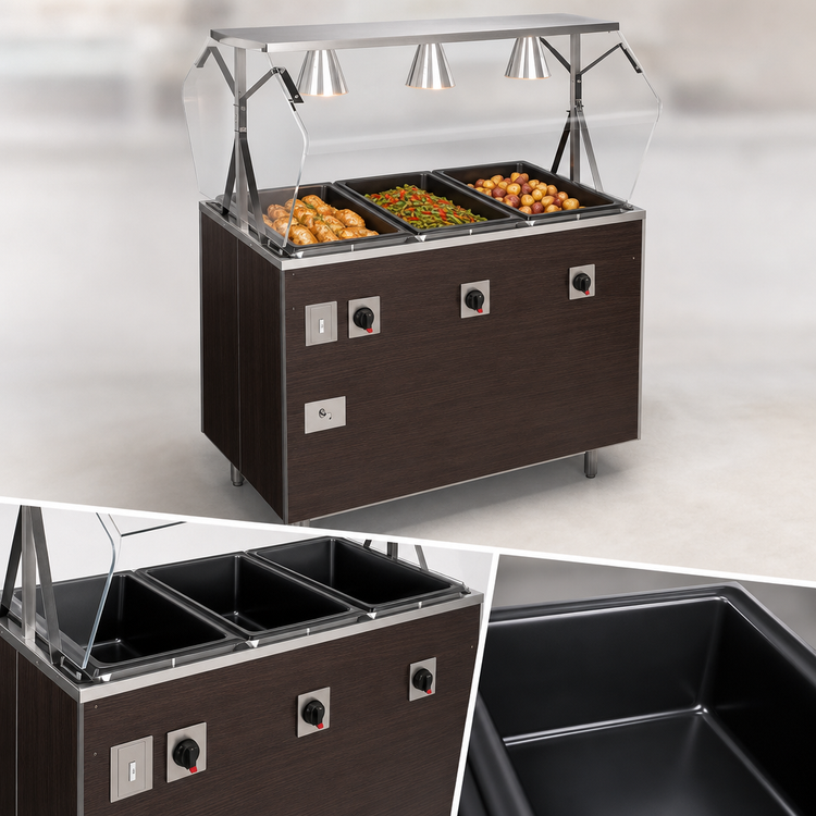 Product image #3 for Vollrath 2-Series Affordable Portable Deluxe 3-Well Hot Food Station with Lighted Buffet Breath Guard and Enclosed Base, Walnut Woodgrain, 120V