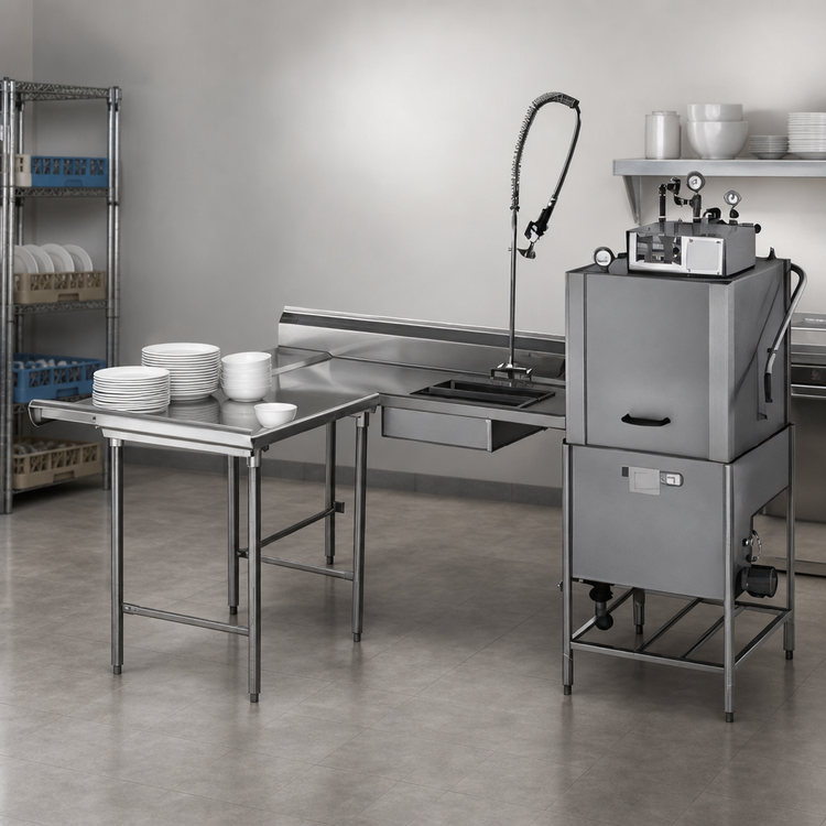 Product image #3 for Eagle Group Island Soiled Dish Table with Dish Landing Shelf and Pre-Rinse Sink, 84" Machine-to-Corner x 60" Corner-to-End, Right-to-Left