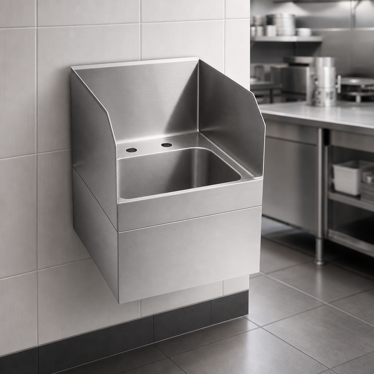 Product image #3 for Glastender Wall-Mount Stainless Steel Hand Sink with Skirt and Side Splashes, 14 x 15 Inches
