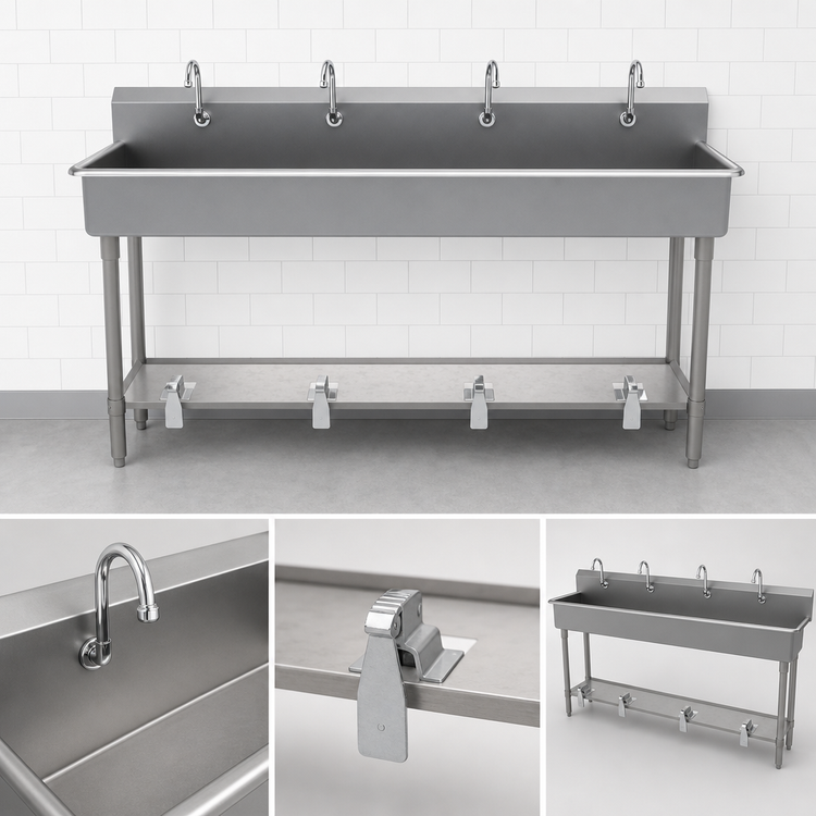 Product image #2 for Advance Tabco 96 Inch 4-Station Toe-Push Multi-Wash Hand Sink with Gooseneck Spouts