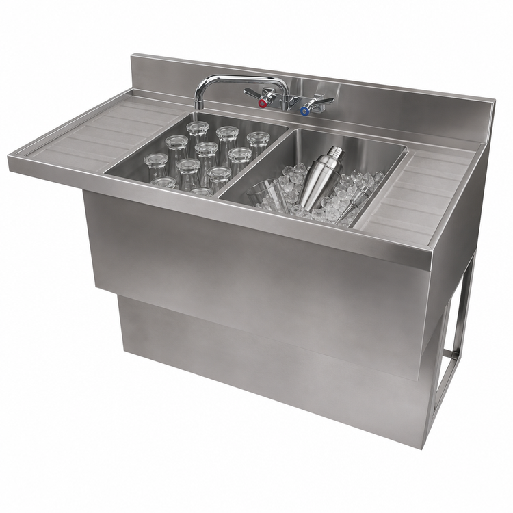 Product image #3 for BK Resources Slim-Line Two-Compartment Underbar Sink with Dual Drainboards and Faucet, 48 Inch Wide