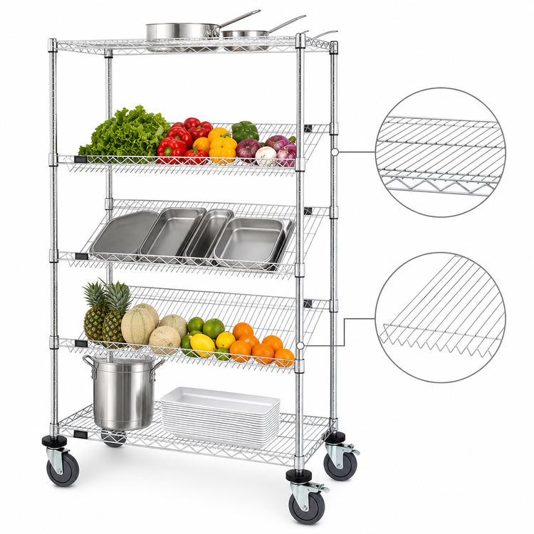 Product image #3 for Quantum 36 x 18 x 63 Inch Mobile Wire Shelving Cart with 5 Shelves, Chrome Plated