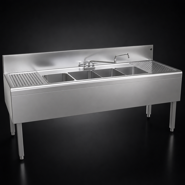 Product image #3 for Glastender Four-Compartment Underbar Sink Unit with Left and Right Drainboards, 72 x 24 Inches, Stainless Steel