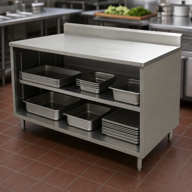 Product image #3 for BK Resources Stainless Steel Chef Table with Open Front Cabinet Base and 5 Inch Riser, 18 x 24 Inches
