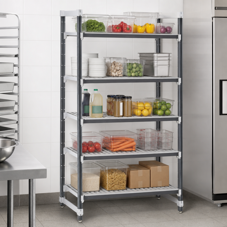 Product image #3 for Cambro Camshelving Elements XTRA 5-Tier Stationary Starter Unit, 21" D x 60" L x 72" H, Vented, Speckled Gray