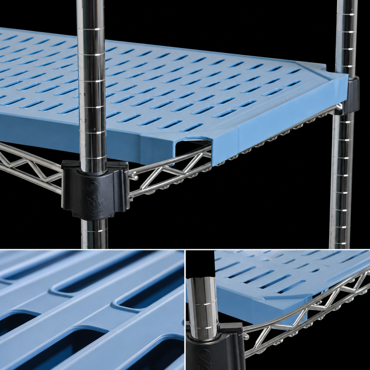 Product image #3 for QuadPlus 54 x 21 Inch Louvered Blue Polymer Shelf Mat with Chrome Wire Quad-Adjust Frame
