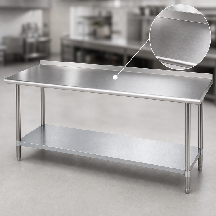 Product image #3 for Duke 144" x 36" 14-Gauge 300-Series Stainless Steel Work Table with 1-1/8" Straight Riser and Galvanized Undershelf