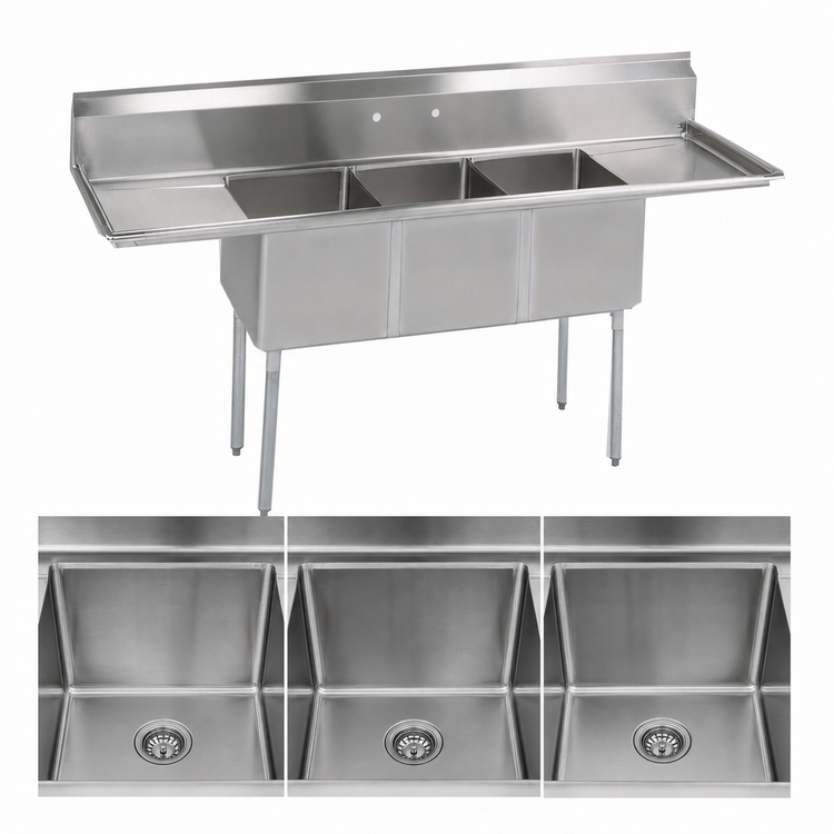 Product image #3 for BK Resources Three-Compartment Stainless Steel Sink with Left and Right Drainboards and 9" Backsplash