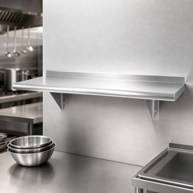 Product image #3 for Advance Tabco 24-Inch x 15-Inch Wall-Mounted 16-Gauge 304 Stainless Steel Wall Shelf with Bullnose Edge