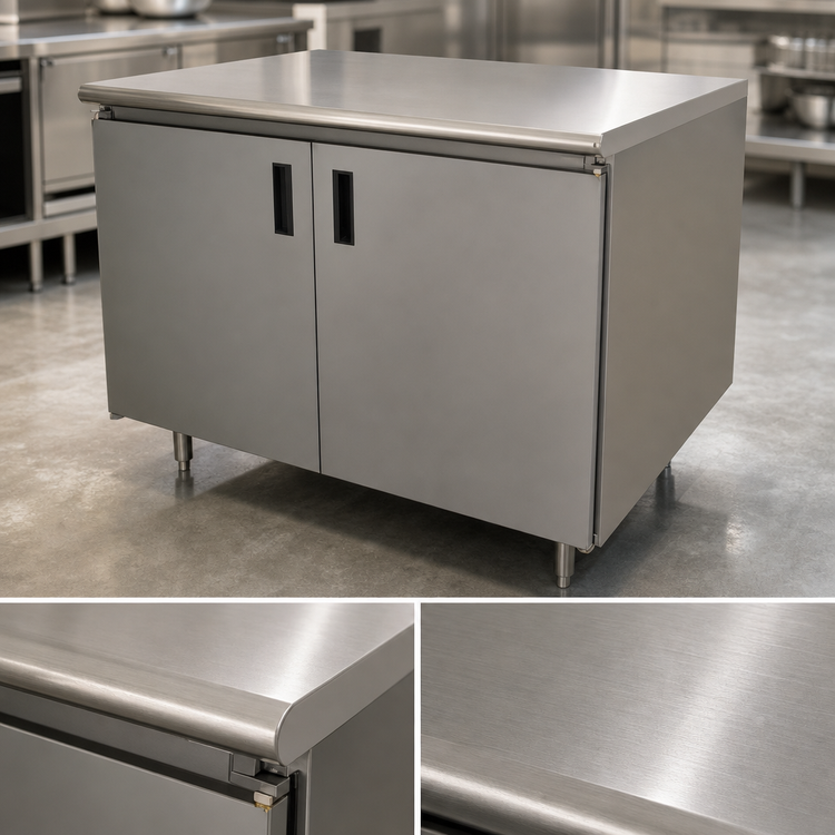 Product image #3 for Advance Tabco 60"W x 30"D Enclosed Work Table with Cabinet Base, Mid-Shelf, Hinged Doors and 14-Gauge 304 Stainless Steel Top