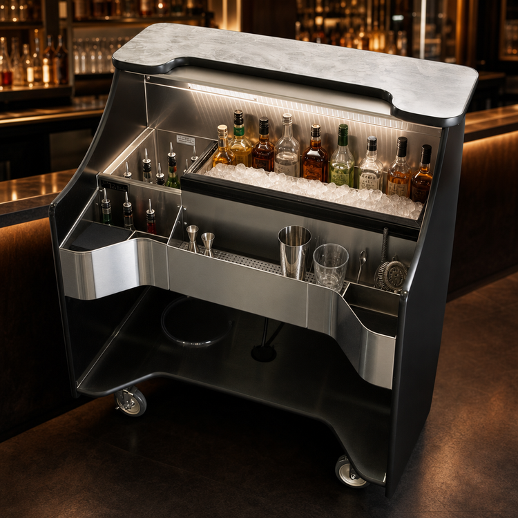 Product image #3 for Perlick Tobin Ellis Signature Mobile Bar with 42-Inch Bartending Width, Ice Chest, Bottle Well, and LED Task Lighting