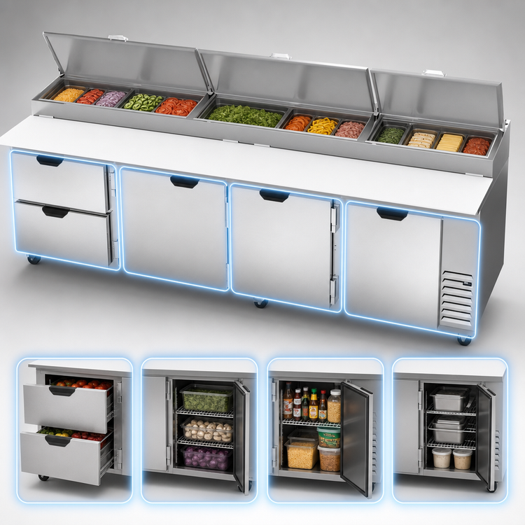 Product image #3 for Beverage-Air DPD119HC-2 119-Inch Four-Section Pizza Top Refrigerated Prep Table with 2 Drawers and 3 Doors
