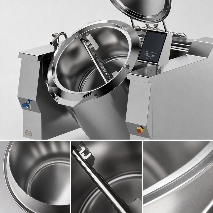 Product image #3 for Baskett UPRIG122M_V1 Tilting Gas Steam Kettle with Mixer, 122 Gallon