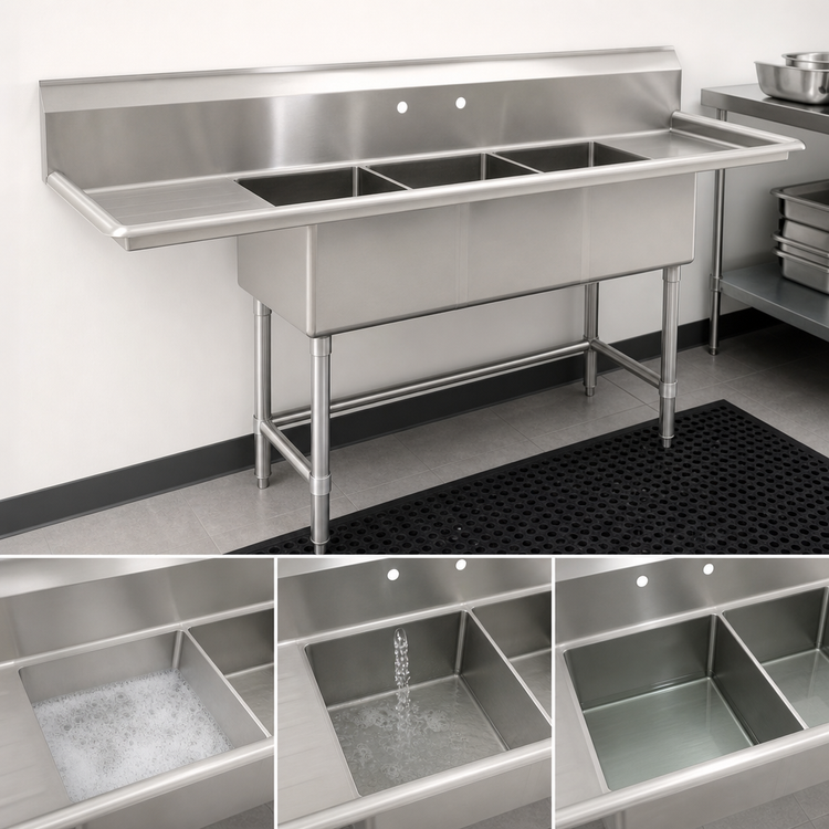 Product image #3 for BlendPort BPFC Series 3-Compartment Sink with Left 18-Inch Drainboard, 18 x 24 Inch Bowls, 16-Gauge 304 Stainless Steel