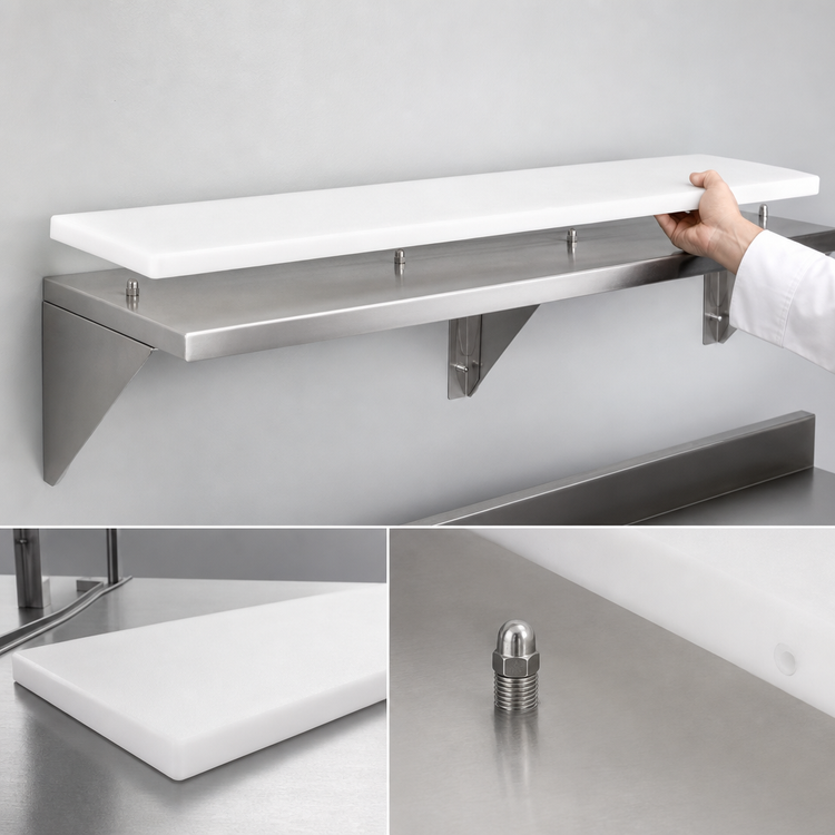 Product image #3 for Advance Tabco Triumph Supreme 93-1/16" Stainless Steel Carving Station Shelf with Removable White Poly Cutting Board
