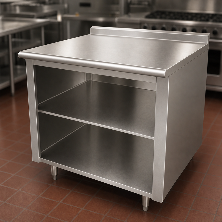 Product image #3 for Advance Tabco 36" x 36" 14-Gauge 304 Stainless Steel Work Table with Open Front Cabinet Base, Mid-Shelf, and 1-1/2" Rear Up-Turn