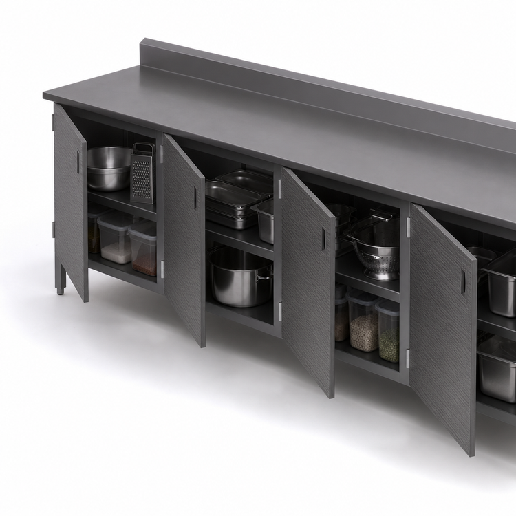 Product image #3 for John Boos Stainless Steel Enclosed Base Work Table with Hinged Doors, 96 x 30 Inches, 5 Inch Backsplash