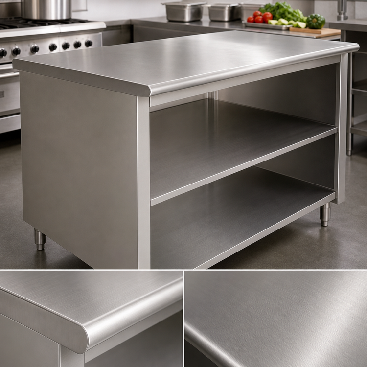 Product image #3 for Advance Tabco 84-Inch x 30-Inch 14-Gauge 304 Stainless Steel Work Table with Open Front Cabinet Base and Mid-Shelf
