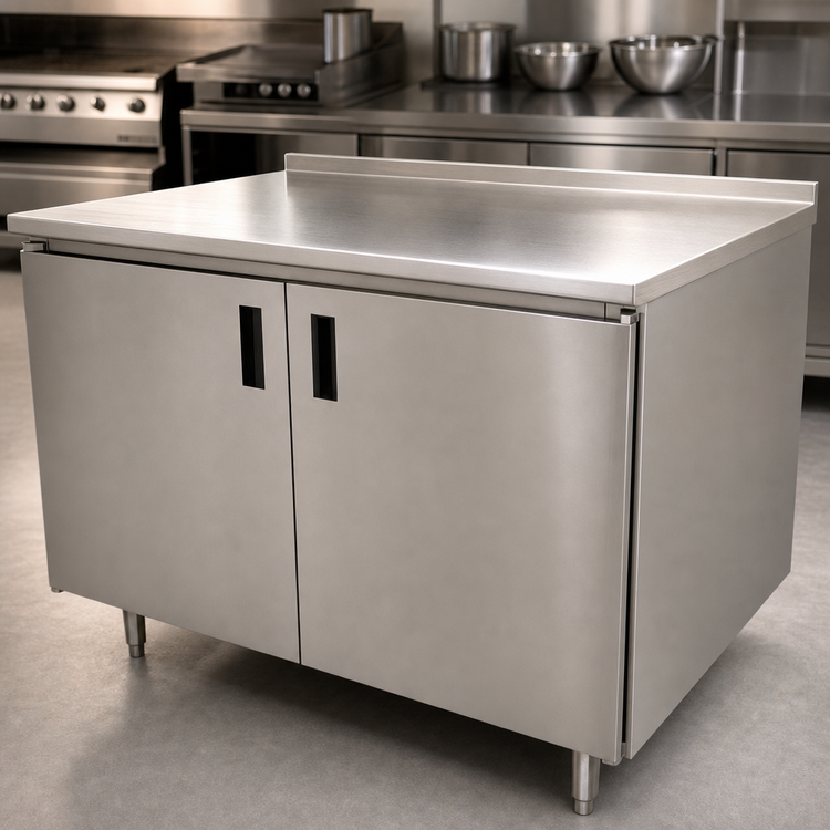 Product image #3 for Advance Tabco 108-Inch x 30-Inch Enclosed Stainless Steel Work Table with Cabinet Base, Mid-Shelf, Hinged Doors, and 1-1/2-Inch Rear Up-Turn