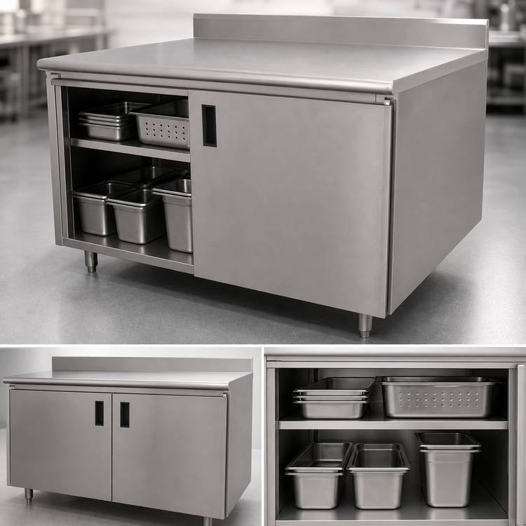 Product image #3 for Advance Tabco Special Value Series Economy Enclosed Work Table with Sliding Doors, 96 x 30 Inch, 16-Gauge 304 Stainless Steel Top, 5-Inch Backsplash