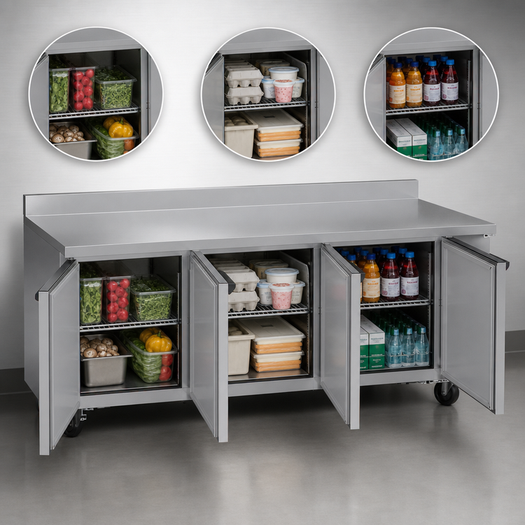 Product image #3 for Beverage-Air Three-Section Worktop Refrigerator with 3 Solid Doors, 93-Inch Stainless Steel Top, and 4-Inch Backsplash